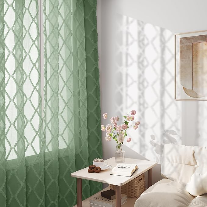Hokibero Olive Green Sheer Curtains 84 Inch Length for Living Room 2 Panels Set Back Tab Drapes Sheer Textured Light Filtering Olive Dark Green Curtain for Bedroom Rustic Boho Farmhouse Decor 52x84