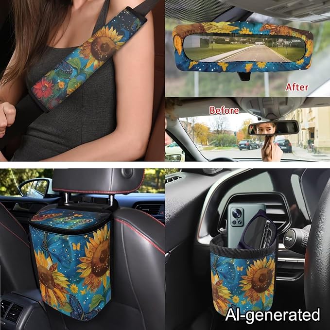 Dreaweet Starry Sky Sunflower Car Seat Covers Full Set for Women Universal Car Accessories - Steering Wheel Cover Seatbelt Covers Car Coasters Trash Bag Vent Storage Bag Rearview Mirror Cover Keychain