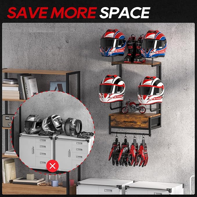 Motorcycle Helmet Holder Wall Mount, Helmet Rack with 4 Glove Clips, Motorcycle Gear Rack Storage, Motorcycle Accessories Organizer for Entryway or Garage