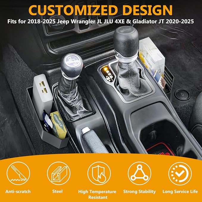 Metal Gear Shift Center Console Organizer Bundled with Cup Holder Insert for JL JLU 4xe 2025 2024 2023 2022 2021 2020 2019 2018& Gladiator JT 2020-2025 Interior Storage Accessories Shifter Storage Box