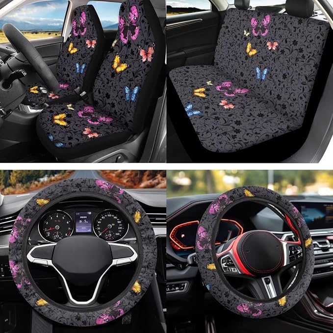 Colorful Butterfly Automobile Seat Cover Sets 12 Pack with Car Steering Wheel Cover Arm Rest Cover Keychain Holder Protector Seat Belt Pads Suitable for Most Cars,SUV