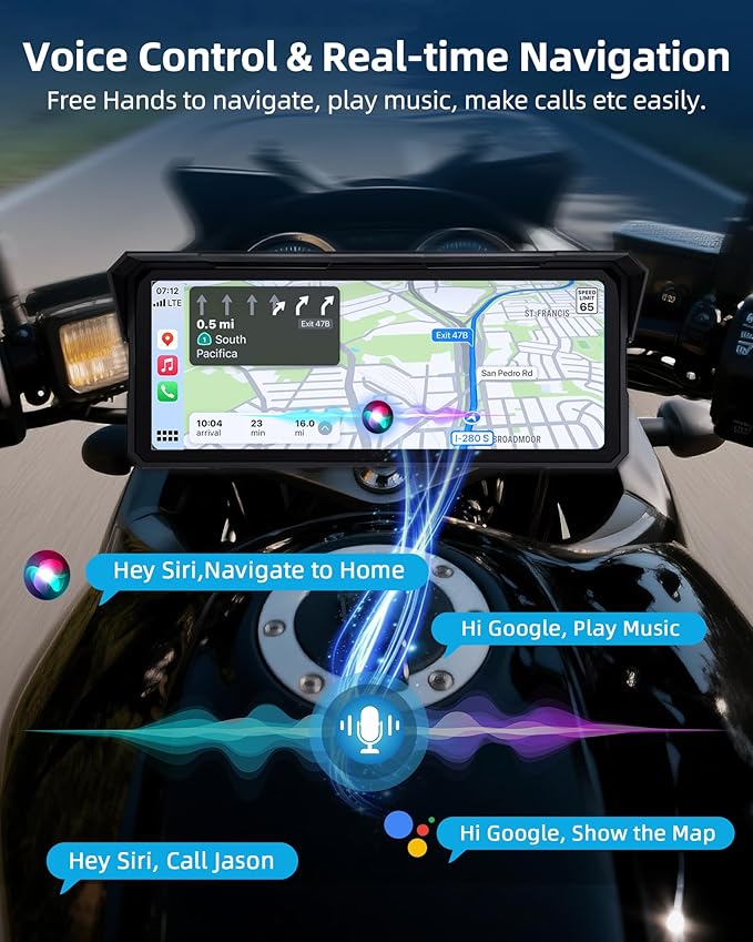 8.1" 4K Motorcycle CarPlay Screen w 4K Dash Cam Wireless Carplay Android Auto Screen for Motorcycle with GPS Navigation Voice Control WiFi Video Dual Bluetooth IPX7 Waterproof Wired Control