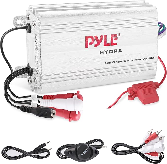 Pyle 400W 4-Channel Hydra Marine Micro Amplifier - Waterproof - RCA Input - 3.5mm Jack - MP3 - Soft Turn On/Off - Volume Gain Level Remote Control - Power Protection - PLMRMP3A