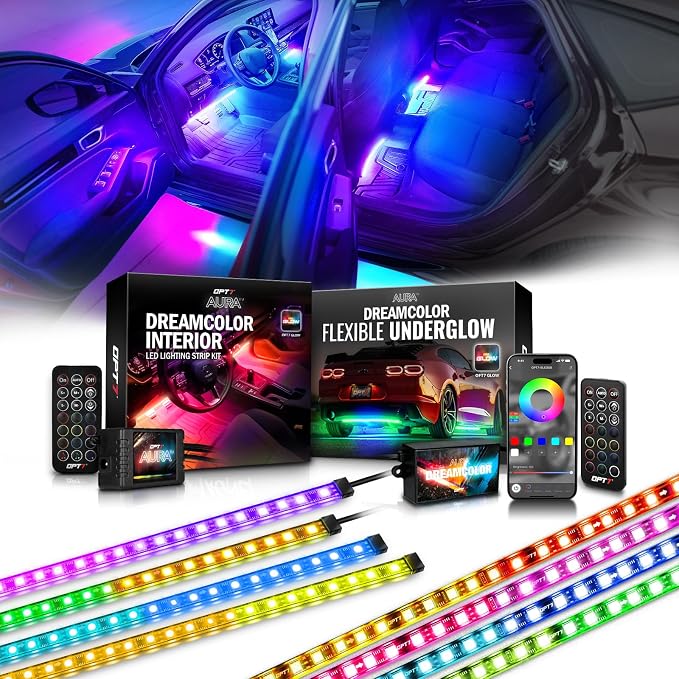 DreamColor Interior & Underglow RGB-IC LED Chasing Lights Bundle Kit with APP & Remote, Neon Accent Under Dash Lights for Car Accessories, Ambient Music Modes, 8PCS Flexible Light Strips