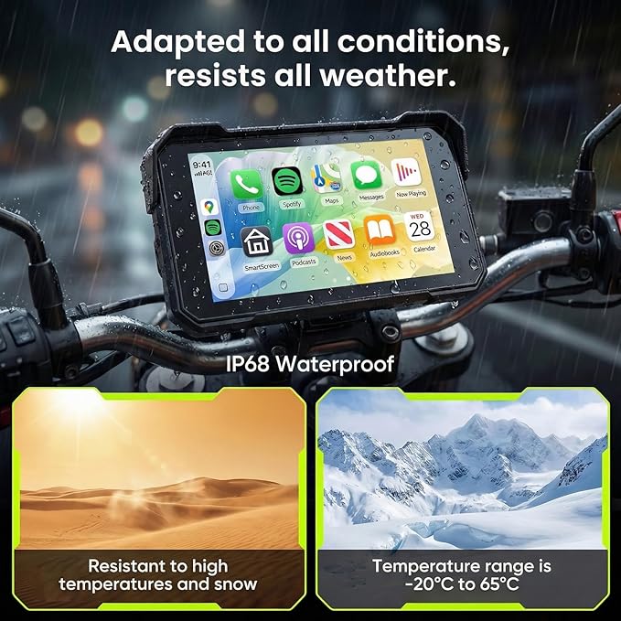 Rimoody 5 Inch Portable Wireless CarPlay & Android Auto Motorcycle Screen, IP68 Waterproof Touchscreen GPS Navigation for Motorbike, Bluetooth Dual Mode, Anti-Theft, Support TPMS & TF Card