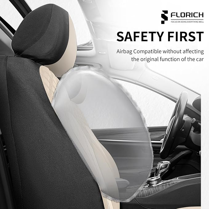 FLORICH Seat Covers Full Set Automotive Seat Covers Front and Rear Car Seat Cover Leather Air Mesh Seat Cushion 5 Seats Airbag-Compatible Universal Fit for Most Car SUV Sedan Truck, Beige