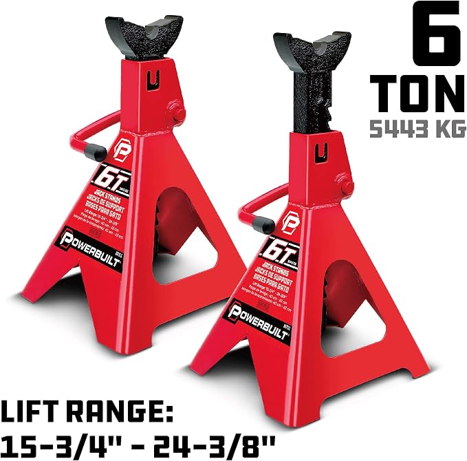 Powerbuilt 6 Ton Ratchet Jack Stands, Wide Stance Stability, Vehicle Car Lifting Range 15-1/2 Inches to 23-1/2 Inches - Red 647511