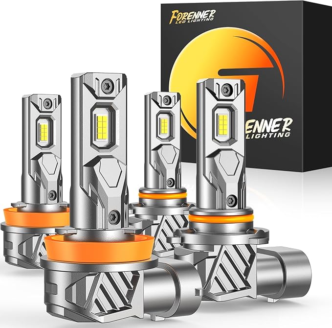 FORENNER H11 9005 Light Bulb Combo, 800% Ultra Brightness 6500K Cool White, 1:1 Mini Size H11/H8 9005/HB3 Fog light Bulbs Kits, Plug‑and‑Play, Tail Light Assemblies IP68, Pack of 4.