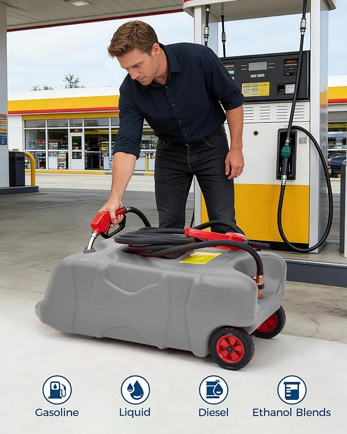Garvee 16 Gallon Gas Can, Fuel Tank Container with LE Fluid Transfer Manual 10 FT Siphon Pump, Portable Diesel Gas Storage Caddy w/Wheels for Car, ATV, Weeder, Boat, Tractor,Snow Blower,Generator