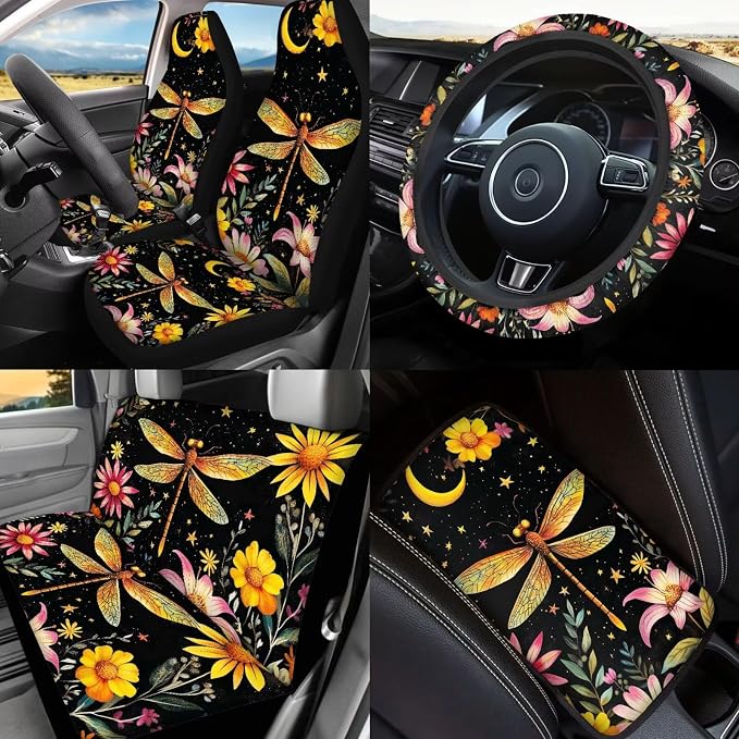 Dragonfly Car Seat Covers Full Sets 17 Pack for Women,Starry Sky Dragonfly Car Interior Accessories with Vehicle Trash Bag Starry Sky Auto Seat Head Rest Protector for Front Seat Rest Decor