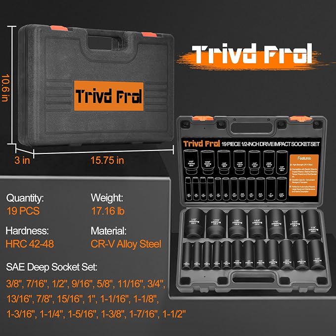 SAE Impact Socket Set - 1/2" Drive, 19pc Deep Socket Set 3/8" to 1-1/2", Cr-V Steel, Double Lock Case