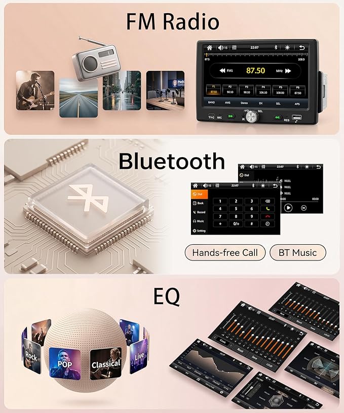 7 inch Single Din Car Stereo Wirelsss Carplay Android Auto, 1 Din Radio HD 1024×600 Touch Screen Radio Bluetooth 5.0, Mirror Link SWC FM EQ, USB Type-C, Car Stereo Receiver
