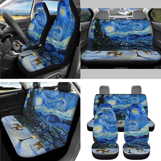 AFPANQZ Car Seat Covers Full Set for Women with Seat Belt Shoulder Pads, Cup Holder, Blue Starry Sky Steering Wheel Cover, Gear Shift Knob Cover, Handbrake Protector Full Set of 11