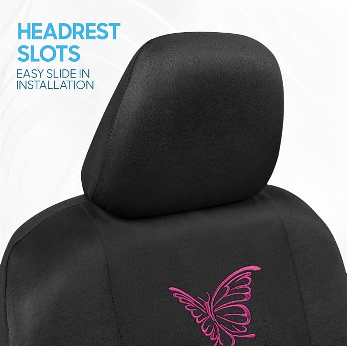 BDK Pink Butterfly Print Car Seat Covers, Full Set with Steering Wheel Cover and Seat Belt Pads, Front and Rear Universal Fit for Car Truck SUV Van, Cute Auto Interior Accessory for Women Girl