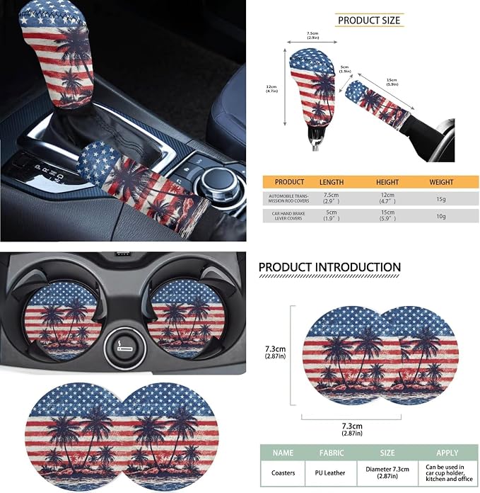 Coconut Tree Print Car Front Rear Seat Covers American Flag Print Car Interior Covers Set Includes Steering Wheel Cover Safety Belt Pads Center Console Pad 250 Year Auto Decor