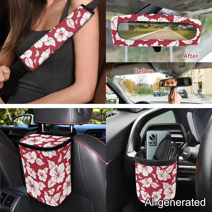 Dreaweet Car Seat Covers Full Set for Women Red Hibiscus Flowers Car Accessories Seat Cover with Steering Wheel Cover Seat Belt Pad Coasters Garbage Bag Air Vent Pouch Rear View Mirror Cover Keychain
