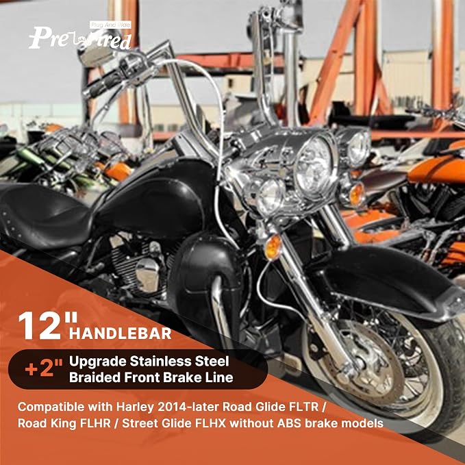 Front Dual Disc Brake Line 12" Handlebars +2" Extension Brake Cable NO ABS for Harley 2014-2023 Touring Road King/Road Glide/Street Glide/Electra Glide Models Stainless Steel Braided, Chrome