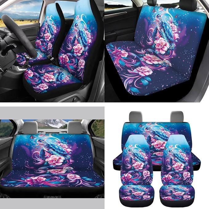 Floral Turtle 15Pcs Car Seat Cover Full Set Car Steering Wheel Cover Seat Belt Cover Trash Bin Front Rear View Mirror Car Cup Holder Keychain
