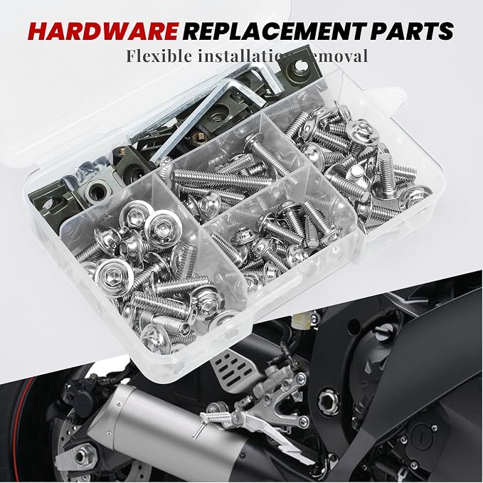 177Pcs Motorcycle Fairing Bolt Kit Silver, M5 M6 Stainless Steel Windscreen Screws Fastener Clips Universal Fit for Honda Kawasaki Suzuki Yamaha BMW Ducati GSXR Sportbike Motorcycle