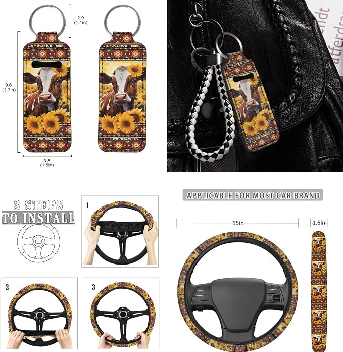 Sunflower Cow Car Seat Covers Full Set 11pcs Cow Car Accessories with Cow Auto Steering Wheel Cover Seatbelt Pads Keychain Cup Holder Pads for Most Vehicle