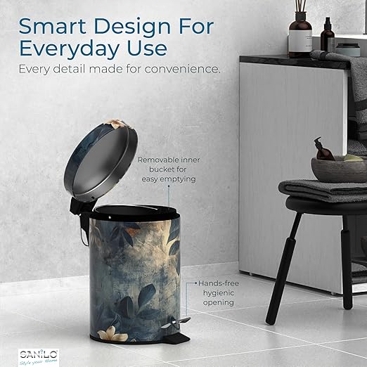 Sanilo Small Bathroom Trash Can with Lid [1.3 Gallon] - Lidded Tiny Trashcan for Garbage - Mini Metal Bin with Soft Closing Mechanism - Bath Room Accessoire Wastebin with Inner Bucket (Lilybud)