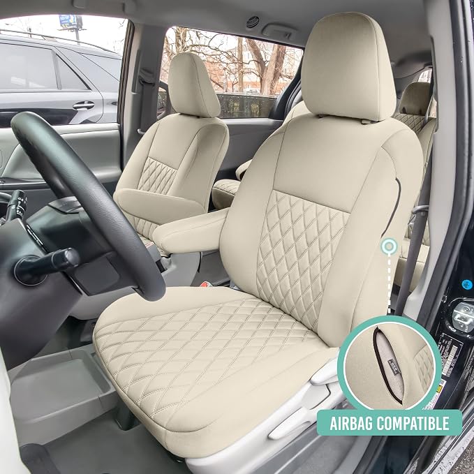 FH Group Custom Fit Car Seat Covers Specifically Made for 2011-2020 Toyota Sienna 7-8 Seater with Ultraflex Neoprene Water Resistant Automotive Seat Covers - Front Set Solid Beige