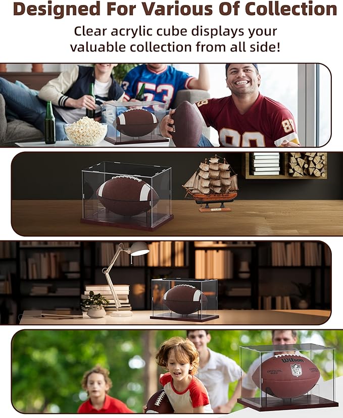 Fitense Football Display Case Acrylic Clear, Football Stand Holder Full Size with Solid Wood Base, UV Protected Football Display Box with Removable for Football Fans & Collectors, Memorabilia & Gift