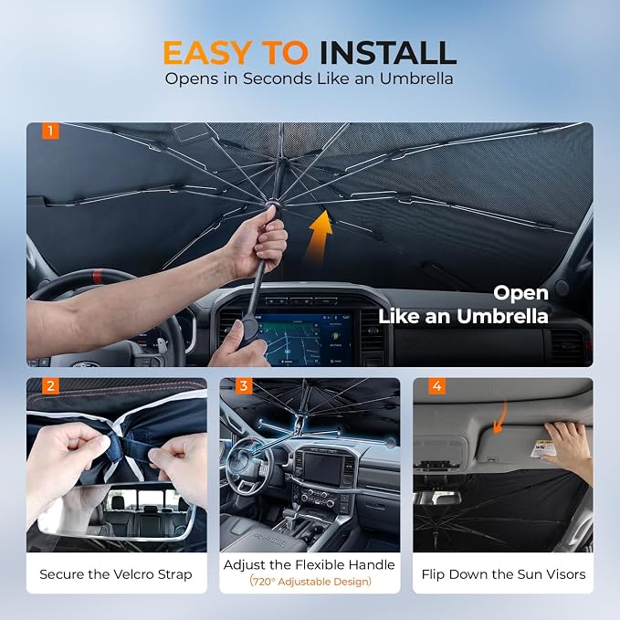 [2026 Upgraed] DooGooCoo Windshield Sun Shade Umbrella for Toyota Tacoma [100% Sunlight Blocked, Ice Crystal Cool] Sunshade for Car Windshield for Tacoma Sun Shade 2016-2026, Custom Fit for Tacoma.