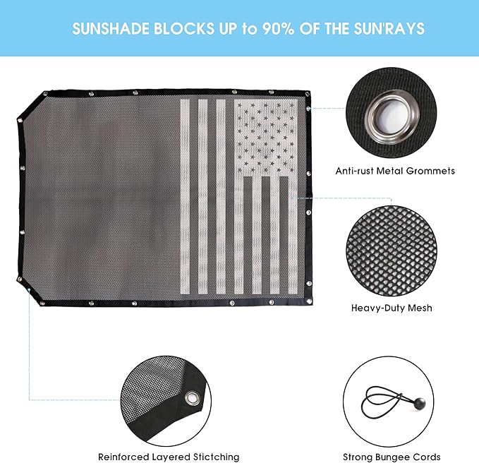 sukemichi 2 Door Sunshade for Ford Bronco,Mesh Sun Shade Bikini Top Cover Bimini Top for Ford Bronco Accessories 2021 2022 2023 2024 2025 2026 2 Door - Blocks UV, Wind, Noise(Flag)