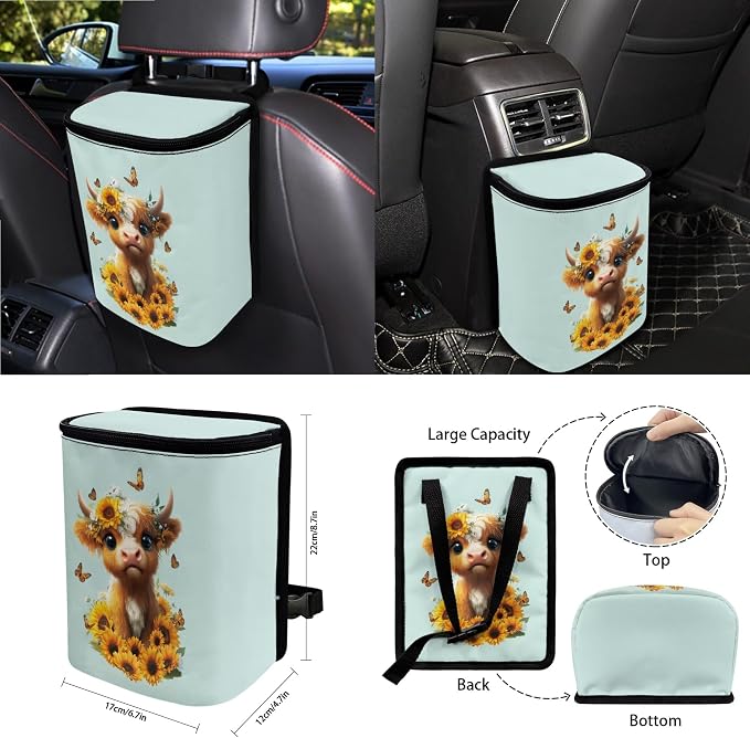 Cow Sunflower Butterfly Print Car Seat Cover Set Steering Wheel Cover Seatbelt Strap Pad Cup Coasters Air Vent Storage Holder Garbage Cans Rearview Mirror Covers Key Chain, 15 Pack