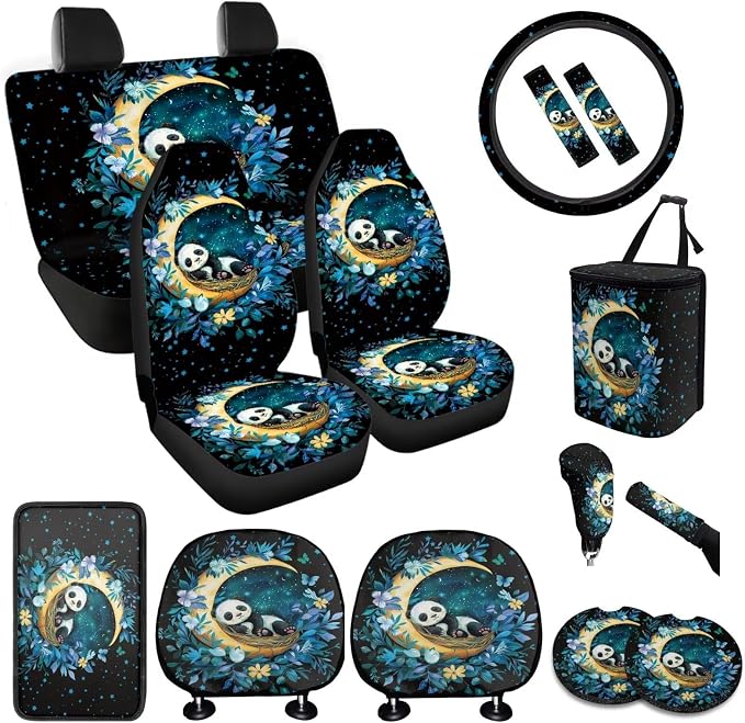 BIGCARJOB 15 Pcs Cute Panda Car Interior Sets for Women Car Seat Cover Vehicle Bucket Seat Cover Full Set Trash Can Car Seat Headrest Pillow Cover Seat Belt Pads