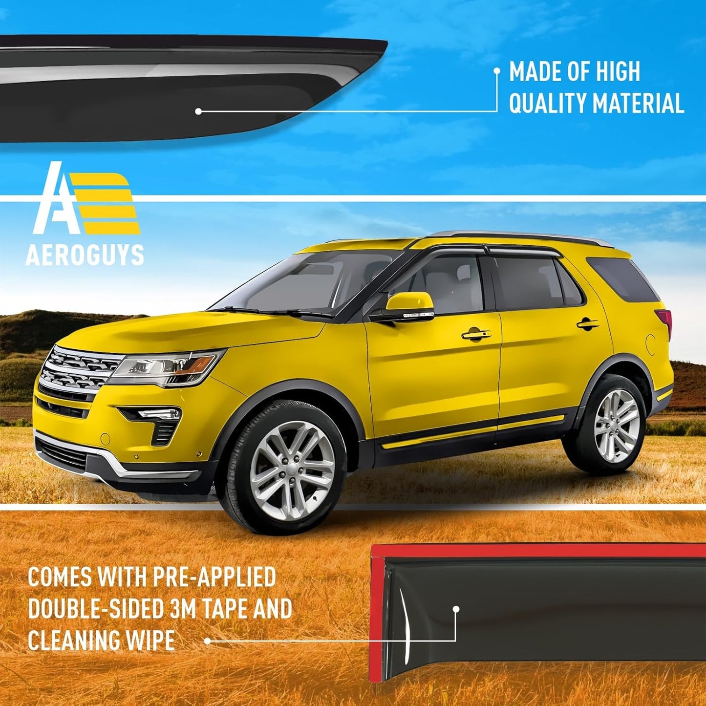 Extra Durable Window Deflectors Tape-On Window Visors Rain Guards Fit for Ford Explorer 2011-2019, Sun Visors, Wind Vent for Shades, Exterior Car Accessories - 4pcs. AG0040