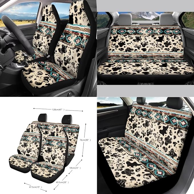 Wanyint Aztec Cow Print Retro 15 PCS Car Accessories, Universal Auto Seat Protector Steering Wheel Cover Seatbelt Strap Pad Trash Can Mount Storage Pocket Cup Holders Rearview Mirror Cover Keychain