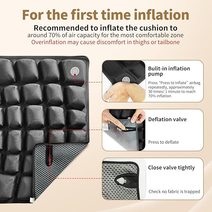 Inflatable Seat Cushion with Built-in Pump for Airplane Travel, Car & Office Chair - Portable Air Pad for Sciatica, Coccyx & Tailbone Pain Relief - 3D Air Cell Support for Long Sitting, 0.8lbs