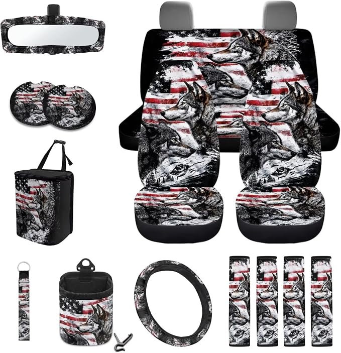 Wanyint Wolf American Flag 15 PCS Car Seat Covers Set for Men Women, Auto Seat Protector with Steering Wheel Cover Seat Belt Pads Trash Bin Air Vent Pocket Rear View Mirror Cover Coasters Key Chain