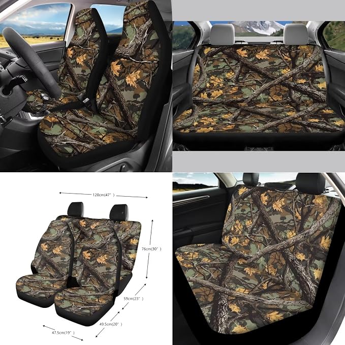 Hunting Camo Pattern Auto Interior Set of 15, Full Set Seat Covers for Cars Steering Wheel Cover Seatbelt Cushion Air Outlet Storage Bag Trash Can Cup Coasters Keychain