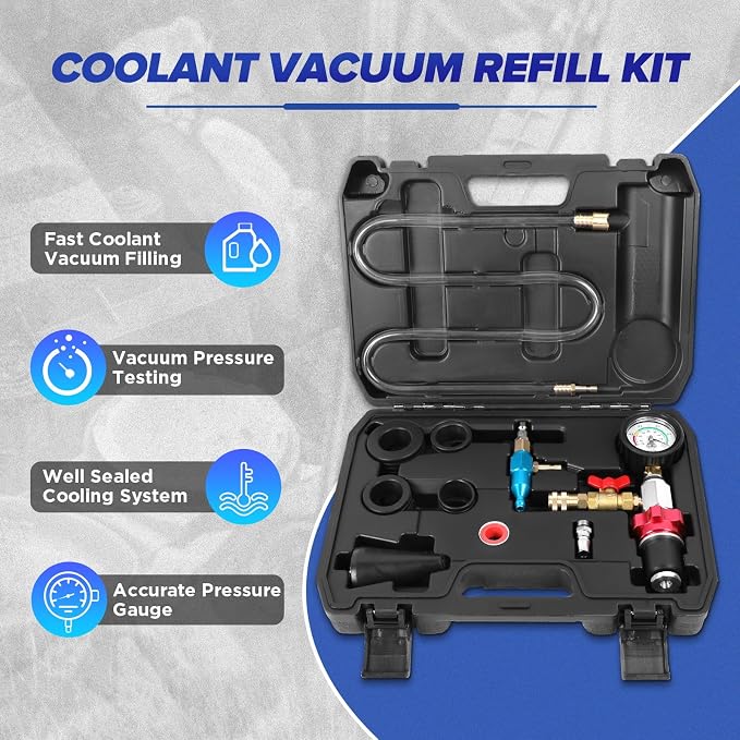 MR CARTOOL Coolant Vacuum Refill Kit Cooling System Vacuum Purge Tool with 4 Size Sealing Gaskets,1 Tapered Adapter, 2 Air Fitting, Brass Connector, Coolant Filling Hose for Most Vehicles