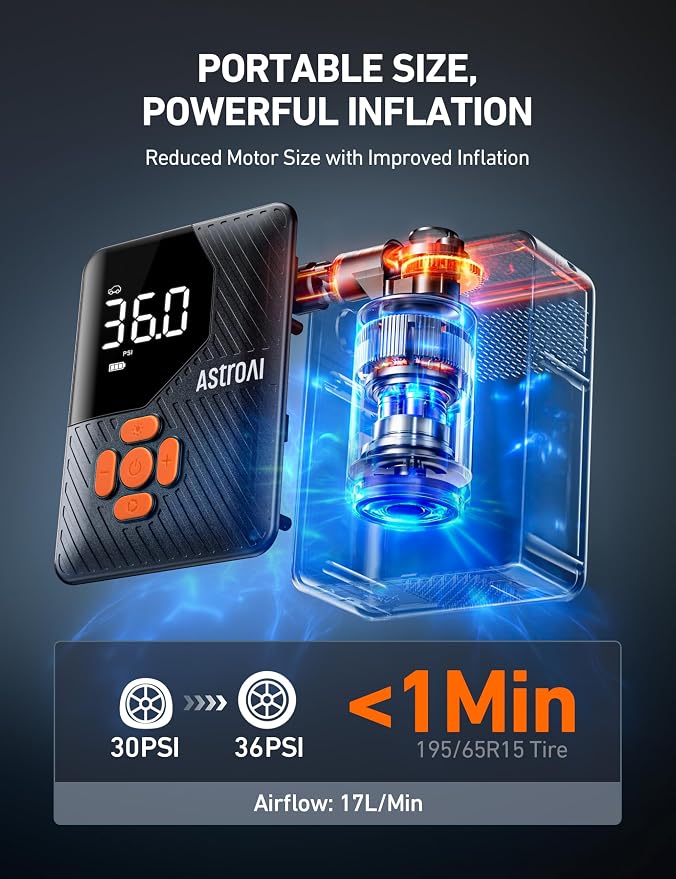 AstroAI 150 PSI Tire Inflator Portable Air Compressor L7 Mini | Fast Inflation, Cordless, Air Pump with LED Light &Pressure Gauge, Auto Shut-Off, for Cars, Motorcycle, Bicycle, Ball, Orange