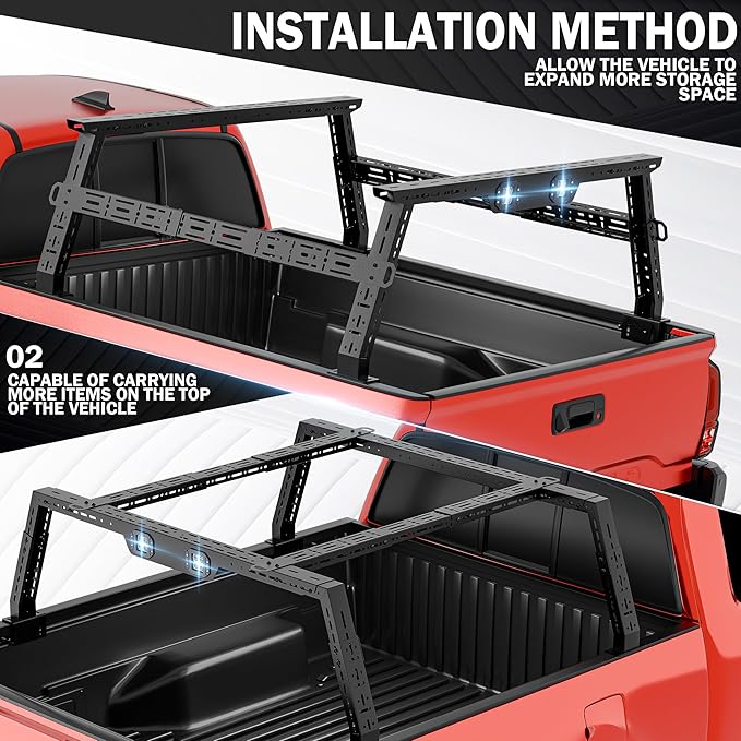 YZONA Adjustable 16-24.8" High Truck Cargo Rack Bed Racks Cargo Carrier with 2 LED Lights Compatible with Silverado/Sierra/Ram/Tacoma/Tundra/Titan/Frontier/Canyon/Gladiator JT/Ford F-Series