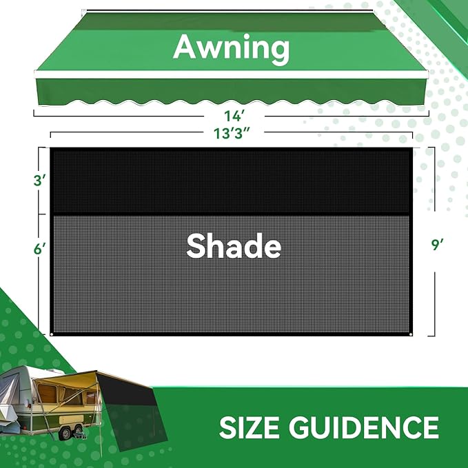 RV Awning Shade Screen with Zipper 9' x 13'3'', 600D Oxford Top + Mesh Bottom, RV Sun Shade Screen for Awning, RV Shade Complete Kits for Trailer Camper