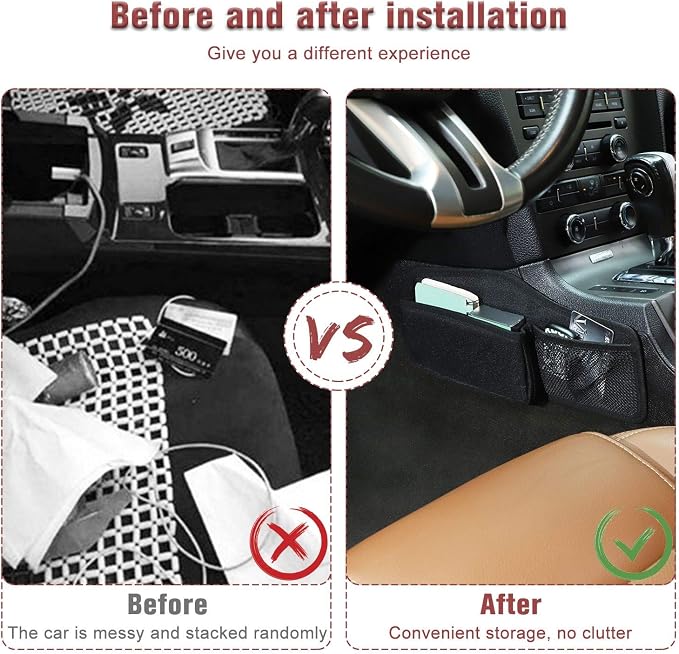 CheroCar for Mustang Gear Storage Bag Console Side Pockets Auto Transmission Side Organizer for Ford Mustang 2010-2014, Interior Accessories, Black, 2Pack