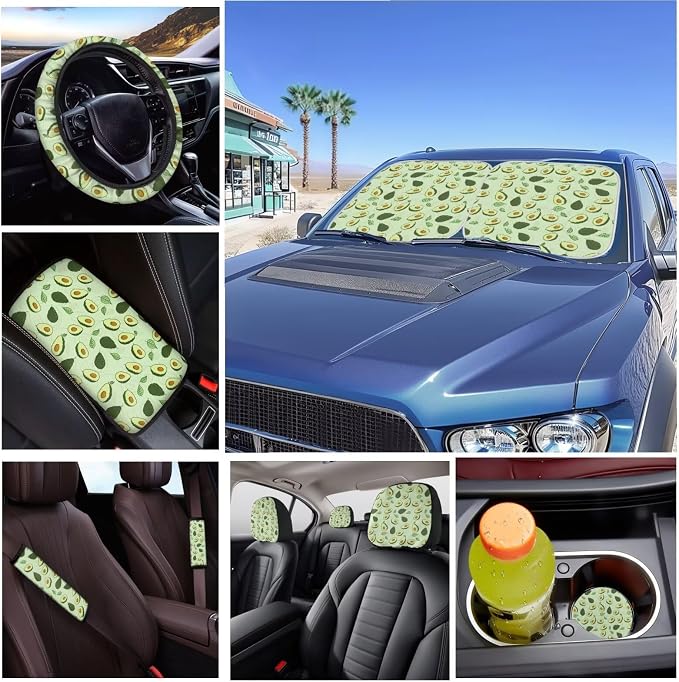 16 Pcs Avocado Car Seat Covers Full Set Green Car Sunshade for Windshield Auto Steering Wheel Cover Armrest Cushion Head Rest Protector Seat Belt Covers with Keychain Fruit Accessories