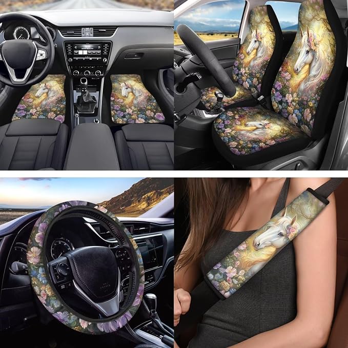 White Horse Print Car Seat Covers Full Set Auto Floor Mats Car Steering Wheel Cover Shoulder Pads Armrest Pad Roof Gloves Cup Coaster Keychain Auto Interior Accessories Set of 18