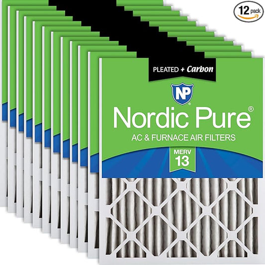 Nordic Pure 14x24x2 (Actual Size: 13 1/2 x 23 1/2 x 1 3/4) Pleated Air Filters MERV 13 Plus Carbon 12 Pack