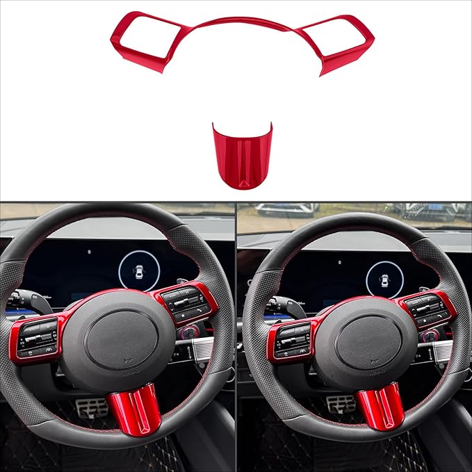 2 PCS Car Steering Wheel Frame Cover Steering Wheel Button Panel Protection Frame Compatible with Hyundai Sonata DN8 2024 Accessories (Glossy Red Car Steering Wheel Frame)