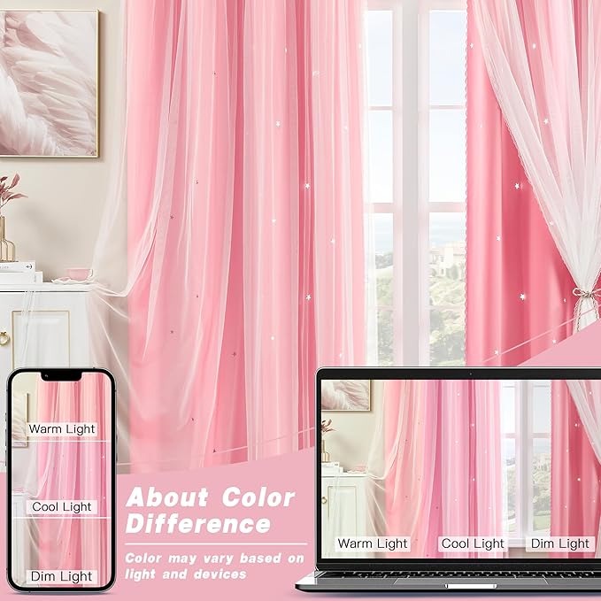 XiDi Pink Curtains for Girls Bedroom 54 Inches Long 2 Panels Blackout Double Layer Curtains with Sheer Overlay for Kids Princess Nursery Room Star Cut Out Home Decor Grommet Window Drapes W52 X L54