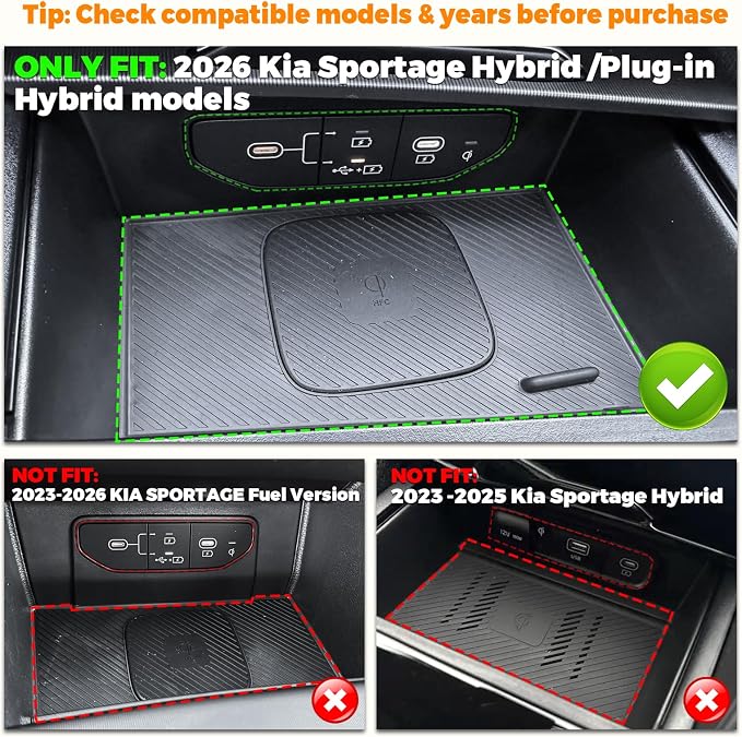 Wireless Charging Anti-Slip Mat for 2026 Kia Sportage Hybrid/Plug-in Hybrid Accessories Wireless Charging Pad Cordless Charger Mat Heat Insulating Silicone Material(Not for Fuel Versions)