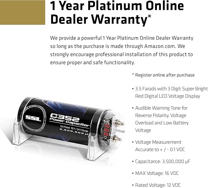 Sound Storm Laboratories C352 Car Audio Capacitor – 3.5 Farad, Energy Storage, Enhance Bass from Stereo, for Amplifier and Subwoofer, Warning Tones, LED Voltage Meter