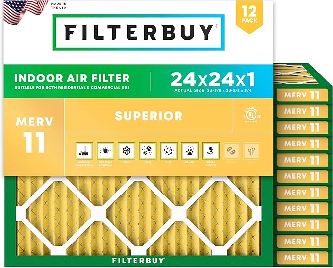 Filterbuy 24x24x1 Air Filter MERV 11 Superior Pet & Allergy Defense (12-Pack), Electrostatic Pleated HVAC AC Furnace Filters Replacement (Actual Size: 23.38 x 23.38 x 0.75)
