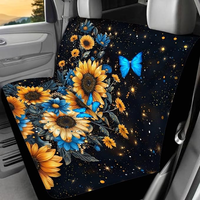 BIGCARJOB Sunflower Car Seat Cover Full Set of 12 Pcs Blue Butterfly Car Interior Accessories Set with Armrest Cover,Cup Holder,Steering Wheel Covers,Seat Belt Pads